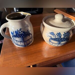 Blue and Beige Ceramic Cream and Sugar Set